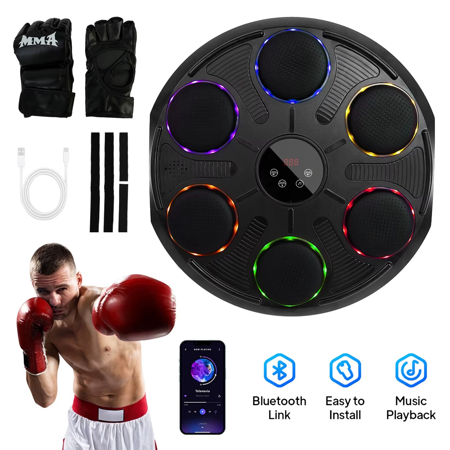 Music Boxing Target Wall-Mounted Electronic Boxing Machine Colorful Lights 12 Modes Speeds Includes Boxing Gloves for Adults